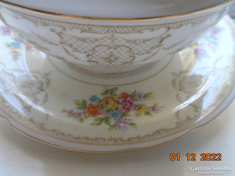 Antique Czech rose garland with baroque grid pattern, colorful flower bouquets. Marked, numbered sauce bowl