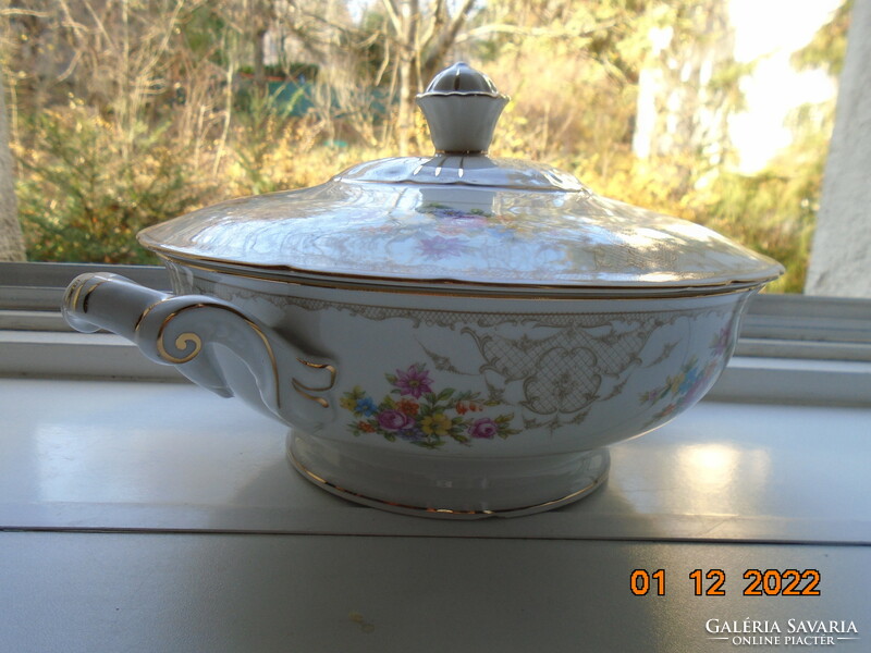 Antique Czech rose garland with a baroque grid pattern, serving bowl with colorful flower bouquets with domed lid