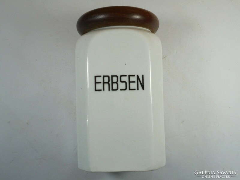 Antique marked faience kitchen storage container - erbsen pea inscription - with wooden lid from the early 1900s