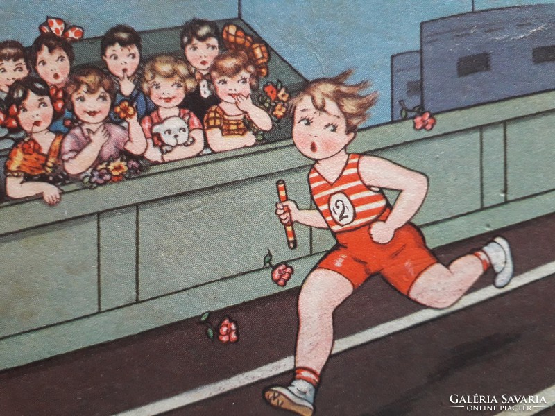 Old postcard margret boriss drawing postcard kids sport running