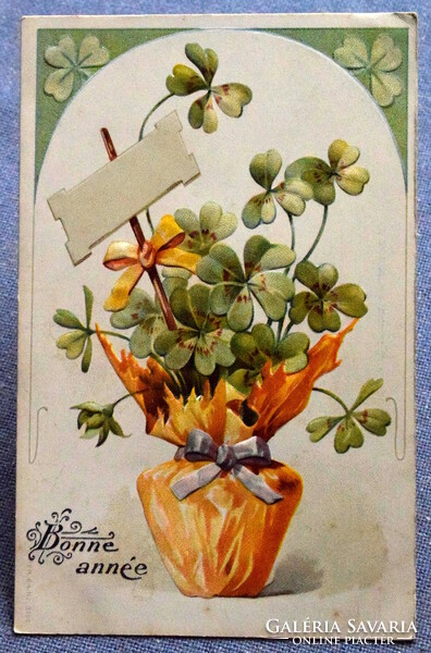 Antik szecessziós dombornyomott Újévi üdvözlő képeslap  4levelű lóhere csokor