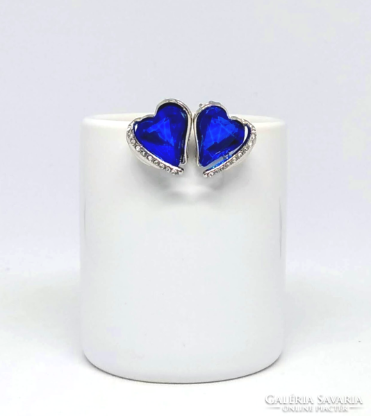 Silver plated (sp) blue and white crystal heart earrings