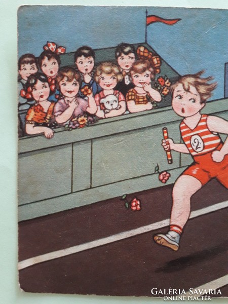 Régi képeslap Margret Boriss rajza levelezőlap gyerekek sport futás