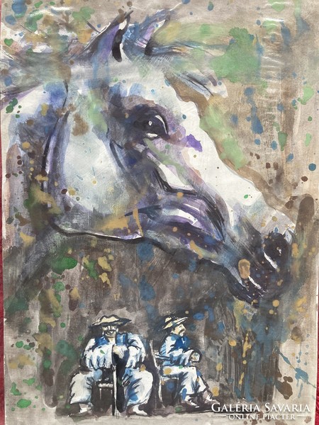 Horse portrait with figures.