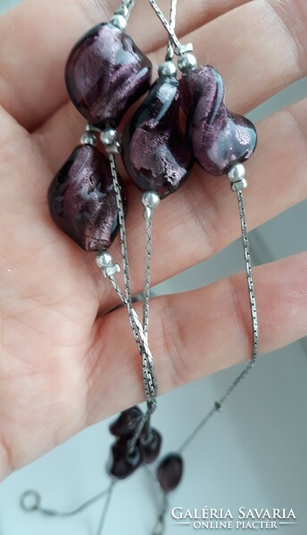 150 Cm long silver necklace with purple glass beads
