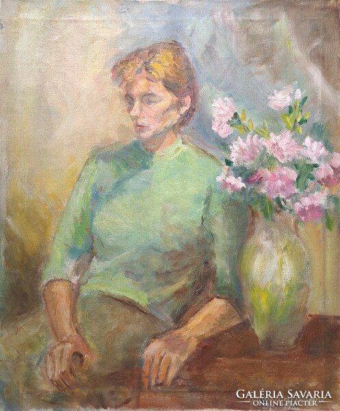 Béláné Tömösváry: portrait with flowers, 1958 (oil, canvas, 60x50 cm) Aranka Tömösváry - female painter