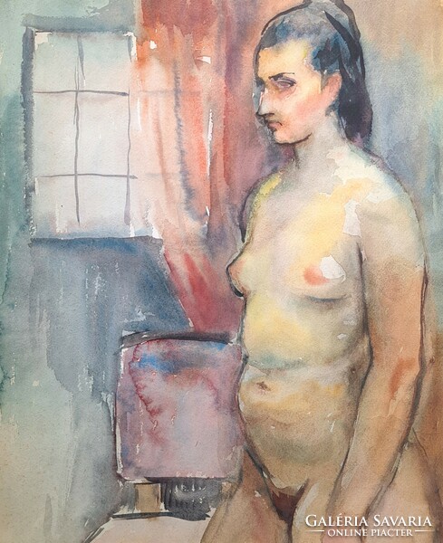 Nude (watercolor) with frame 54x47 cm - unidentified artist