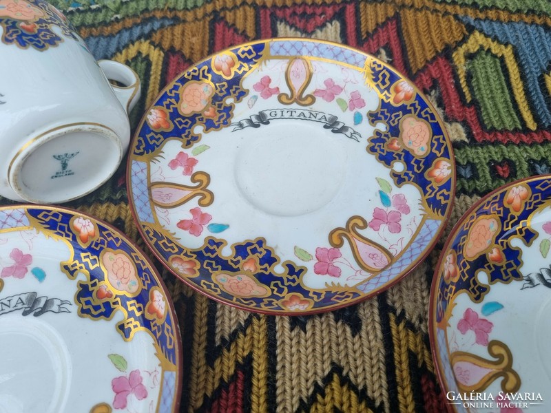 Ritka antik Bisto England Maple & Co Gitana angol porcelán csésze + 3 tányér