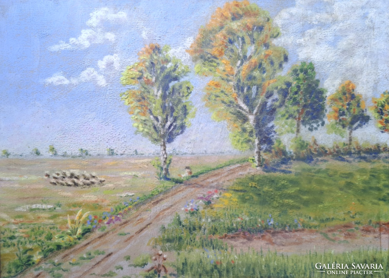Serene summer landscape with a shepherd and lambs - pastel (size with frame 33x43 cm) peasant portrait