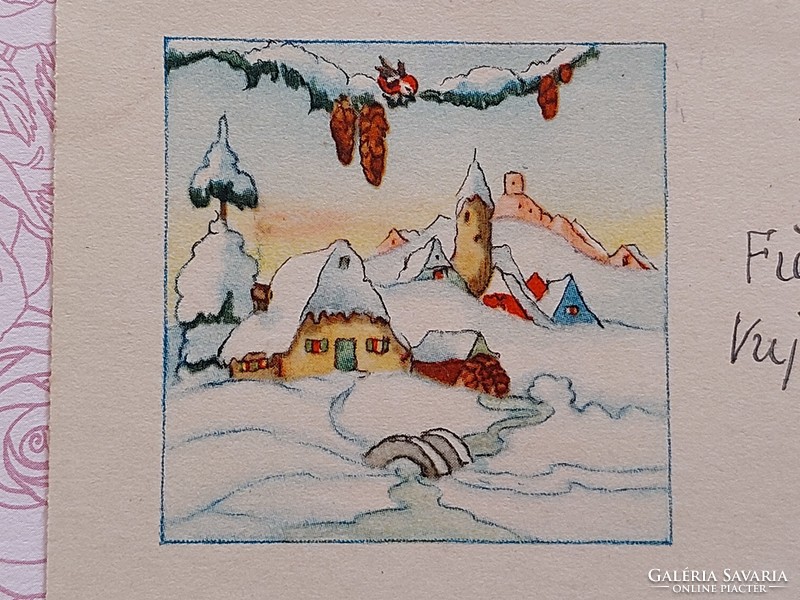 Régi mini karácsonyi képeslap 1942 üdvözlőkártya gyerekek havas táj 2 db
