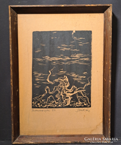 Imre Szánthó (1925-1998): washed-up root (lino cut) size with frame 32×44 cm
