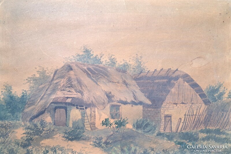 Kacziány Aladár (1887-1978): Nádtetős házak - régi akvarell - parasztházak, vidék