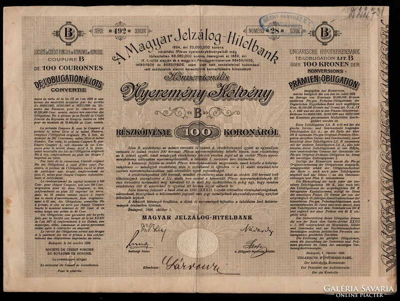 1906.október 1. 100 koronára Nyeremén Kötvény - Magyar Jelzálog Hitelbank Budapest