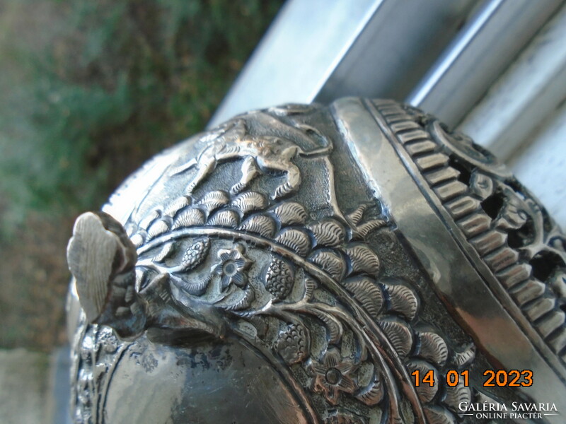 Antique Karachi cutch openwork silver bowl on 3 legs with repoussé lion, elephant and llama figures