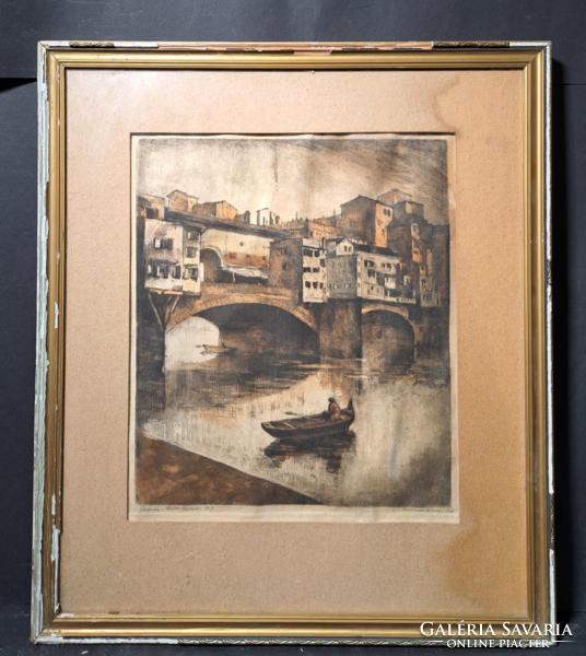 Firenze, Ponte Vecchio, 1928 - szinezett rézkarc (méret kerettel 50x44 cm) olasz város