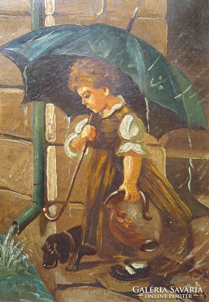 Lány tacskóval az esőben - Kováts jelzéssel (olajfestmény kerettel 40x30 cm) tacskó kutya, életkép