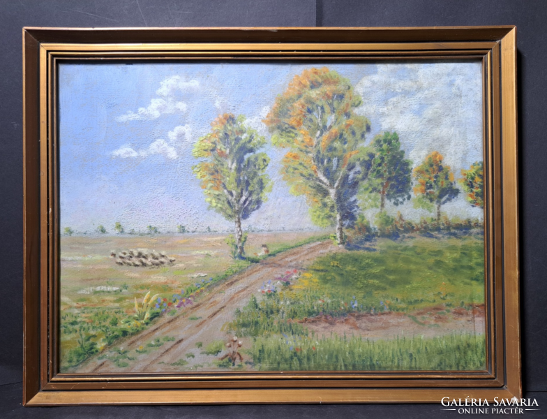 Serene summer landscape with a shepherd and lambs - pastel (size with frame 33x43 cm) peasant portrait