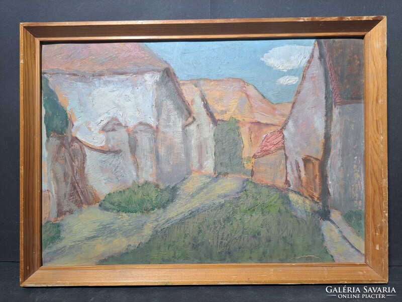 Dér Marianne (1905 - 1971): Utca falun (olaj, karton, kerettel 37x27 cm) falusi utcakép