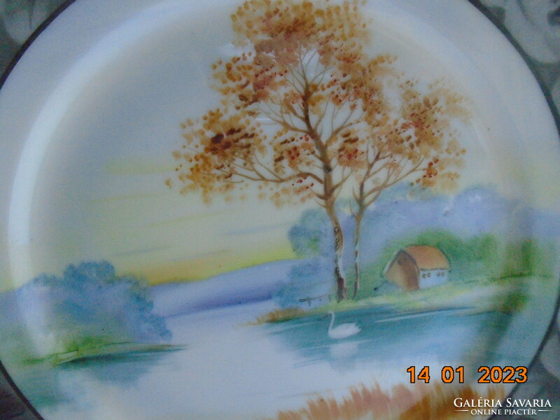 Kézzel festett japán tányér tájképpel, ezüst rózsás peremmel