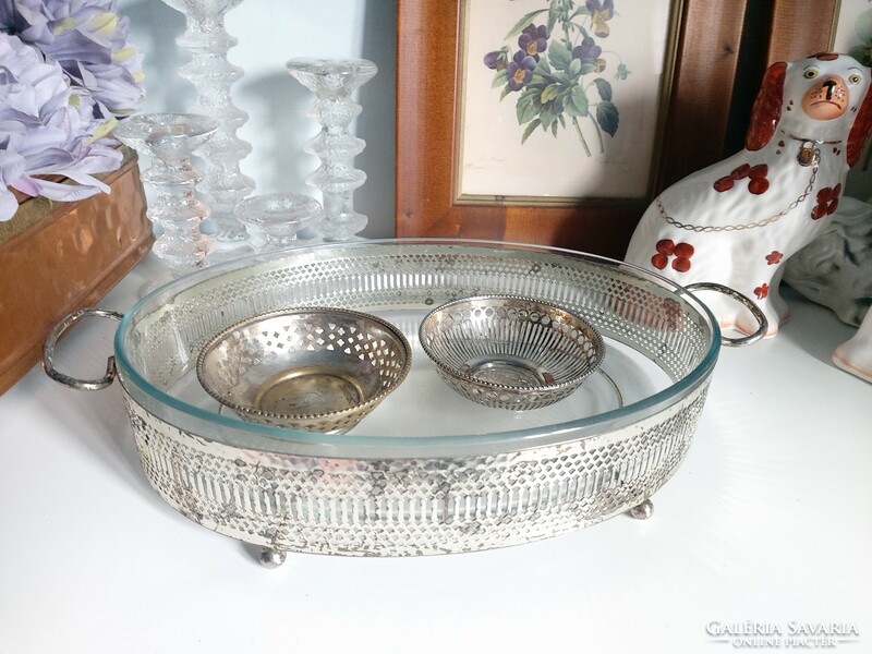 Heat-resistant baking dish with insert, vintage silver-plated table centerpiece with lid, 43 cm