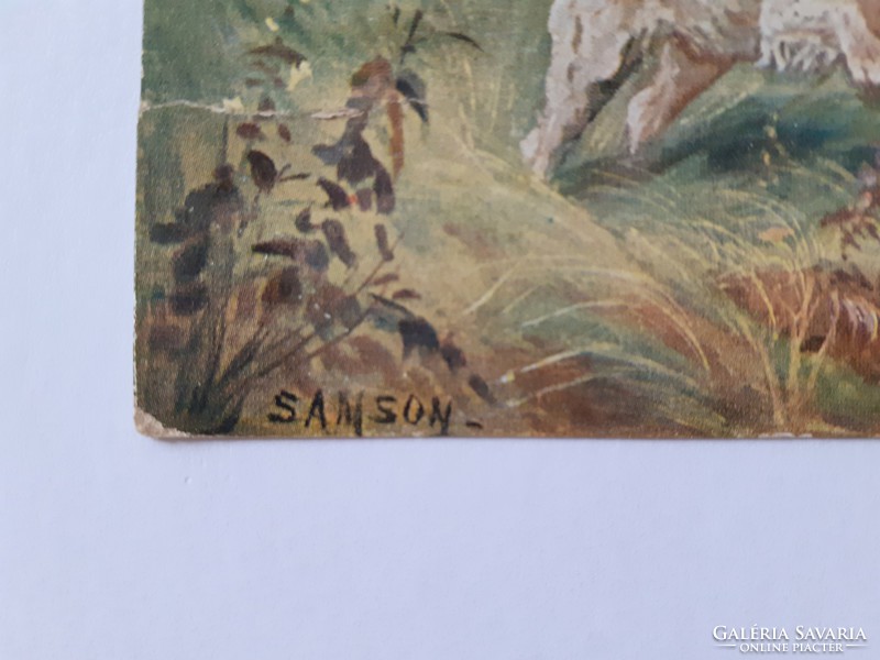 Régi képeslap 1915 Samson művészeti levelezőlap kutya nyuszi vadászat