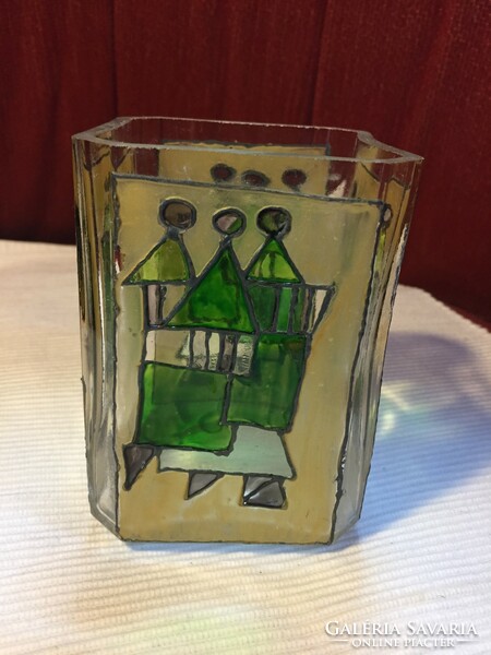 Painted, handmade, square glass vase (aé3)