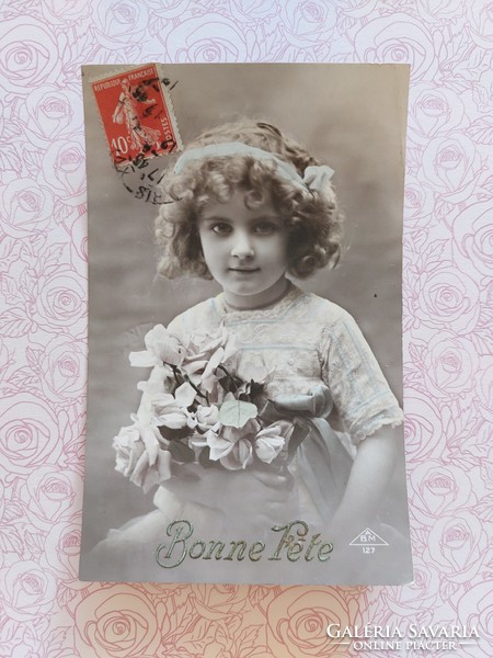 Old postcard photo postcard little girl flowers