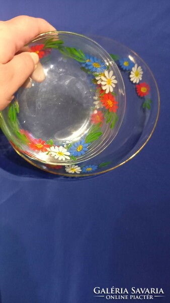 Retro üveg aranyszegélyes virágmintás kompótos tányérok