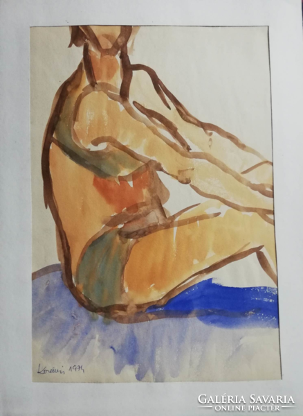 Napozó nő, strand pillanatkép részlet Korényi Attila kortárs festő akvarell 1974.