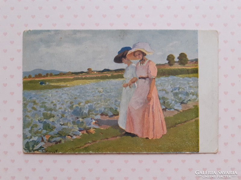 Régi képeslap 1923 Telkessy Séta a földek között levelezőlap hölgyek