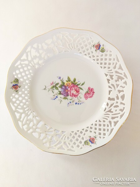 Hollóházi 26.5 cm large openwork decorative bowl, decorated with beautiful colorful flowers. Flawless!