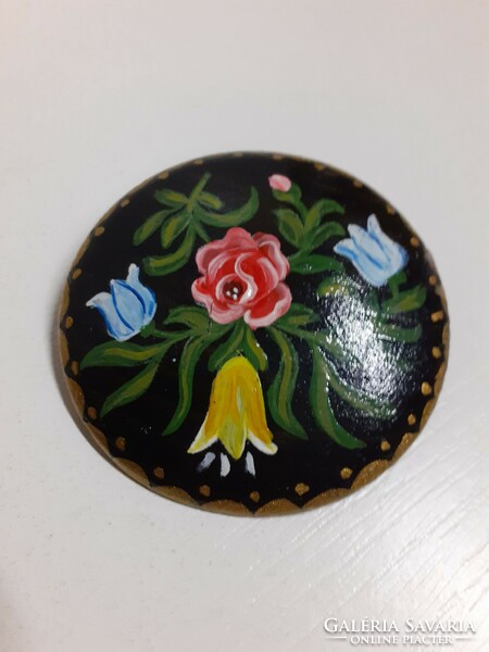 Old beautiful condition unique hand painted floral wooden brooch with signature on the back