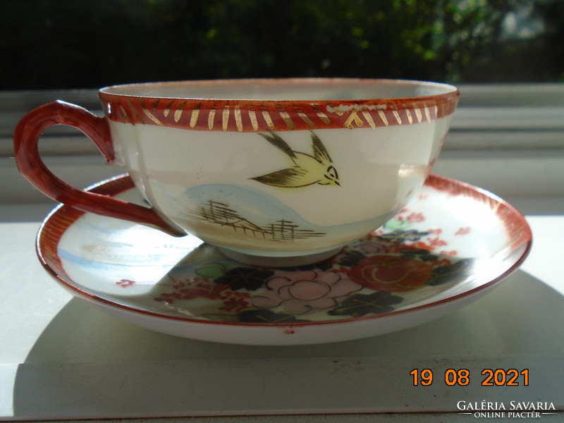Kutani Hand Painted Peony Rose Bird Eggshell Porcelain Tea Set with Golden Iron Red Marking