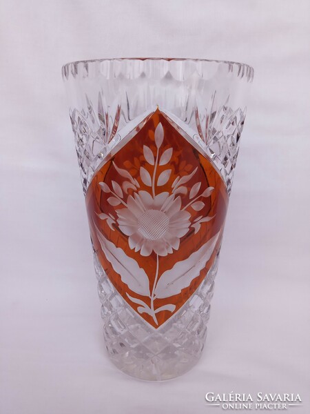 A large, silver oxide stained, hand polished heavy Czech crystal vase from the 1940s