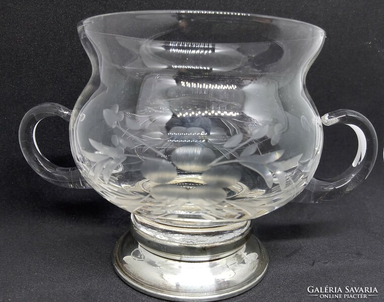 Hand-polished crystal glass sugar bowl with sterling silver base