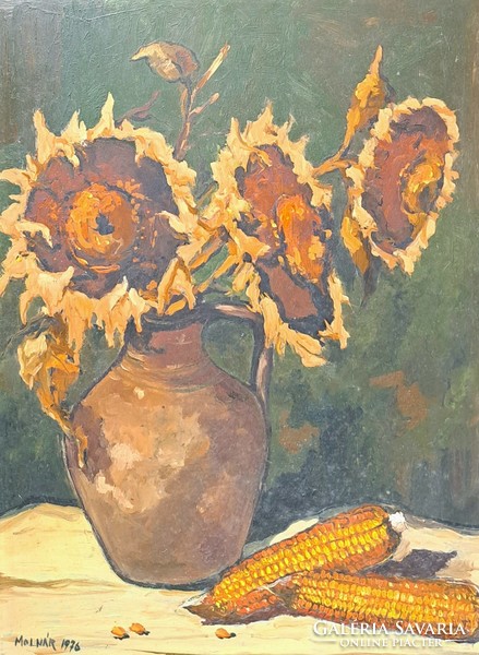 Still life with sunflowers and corn (oil, wood fiber, with frame 59x44 cm) marked miller 1976