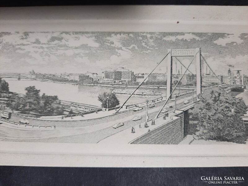 Budapest skyline (Erzsébet Bridge, Chain Bridge, Danube, Panorama) - marked mini etching