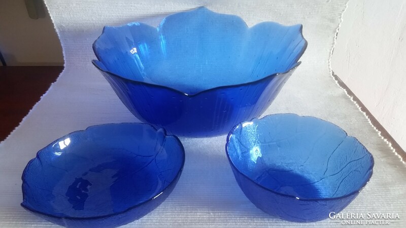 French blue glass 3-part flower and leaf-shaped serving tray