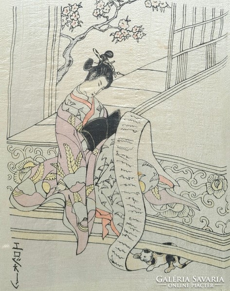 Japanese courtesan reading a letter (silk print) cherry tree, cat, Japanese culture, life picture