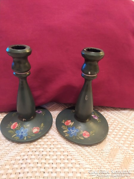 Pair of hand-painted wooden candlesticks