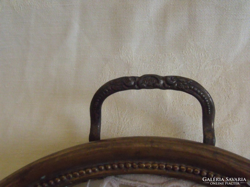 Antik üvegbetétes fakeretes füles tálca madeira hímzéssel