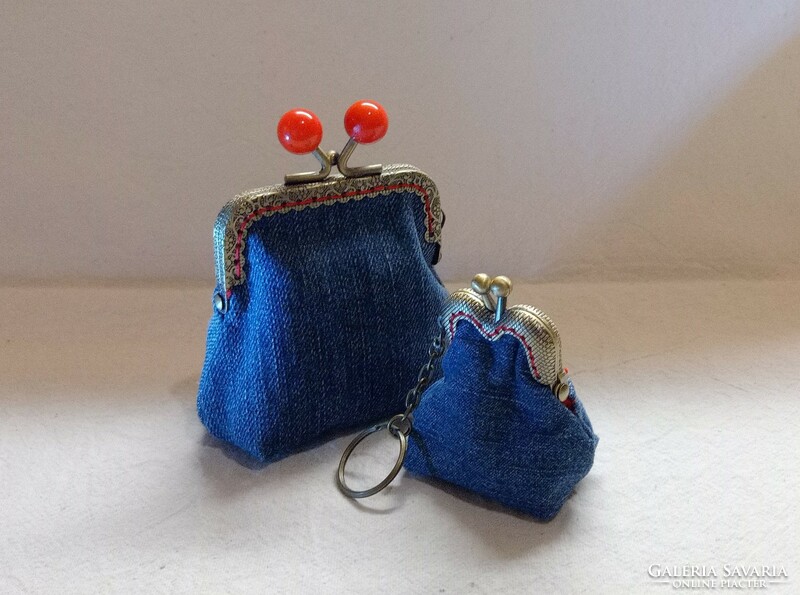 Denim red berry wallet and key ring, handmade product