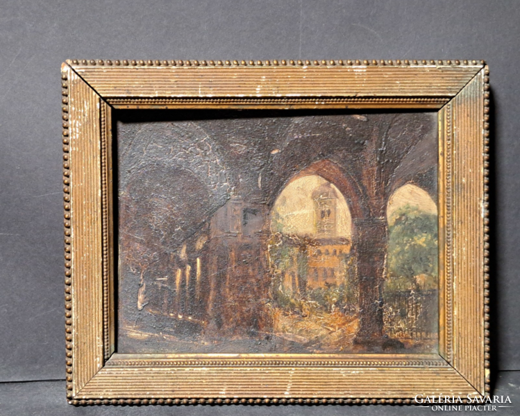 Antique oil painting: under arches (size with frame 26x21 cm) street scene, cityscape