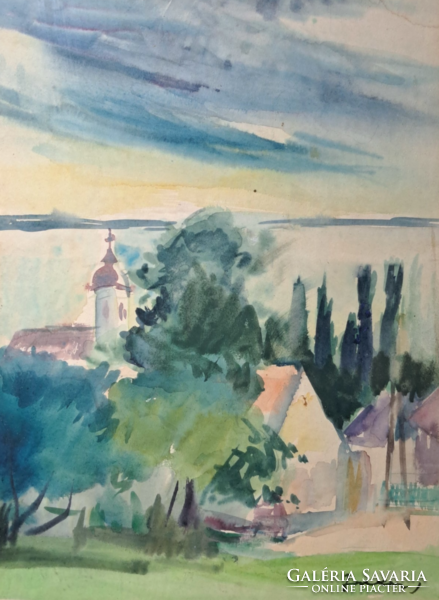 Balaton beach street view with church tower - tihany? Marked watercolor