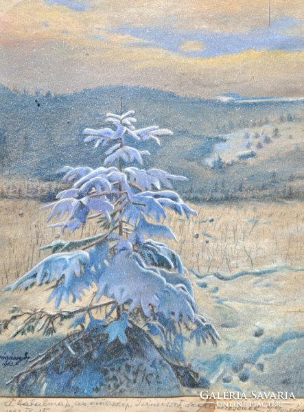 Winter mountain landscape with snowy pine (watercolor, size with frame 27x35 cm) cut and l. With signal