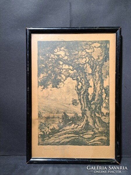 Landscape, pencil drawing (size with frame 25x36 cm) with unidentified mark