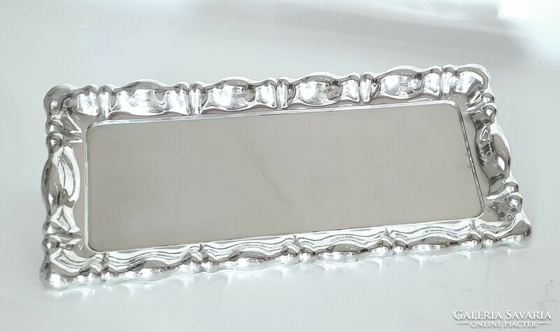Téglalap alakú, hólyagos peremű, art deco ezüst (800) tálca (513g)