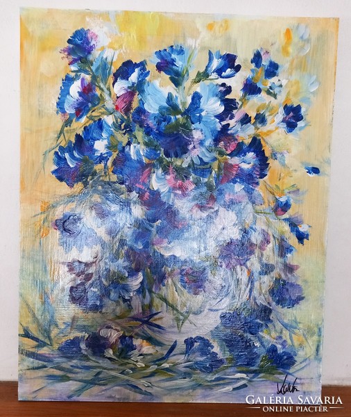 "RAGYOGÓ-TENGER KÉK"virágcsendélet"festmény farostlemezen 40 x 50 cm