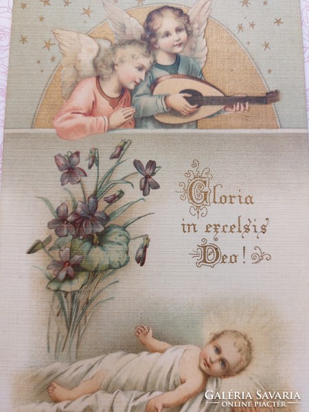 Régi vallási képeslap Gloria in excelsis Deo feliratos levelezőlap angyalok Jézus ibolya