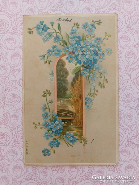 Régi képeslap 1908 dombornyomott levelezőlap nefelejcs tájkép